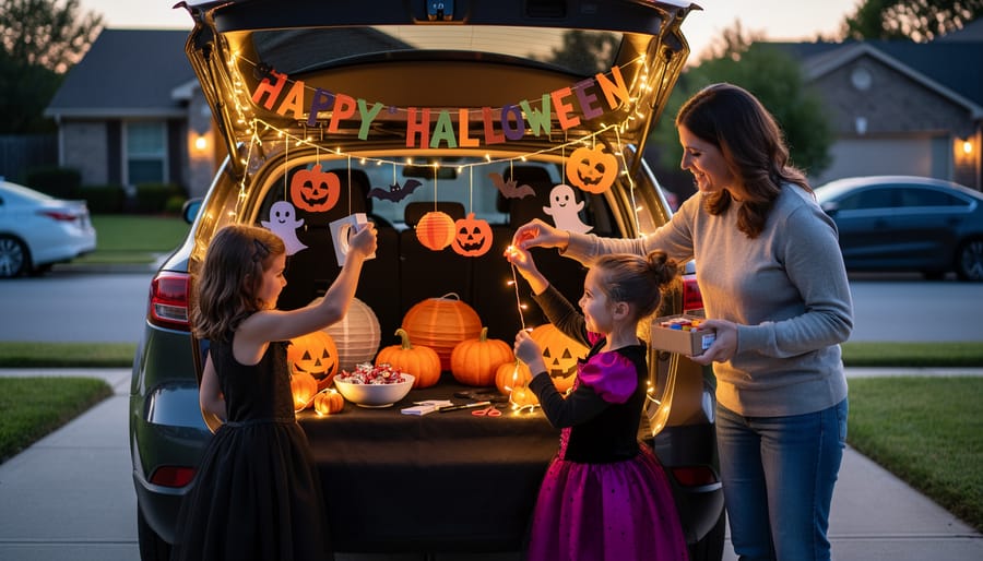 Hands crafting DIY Halloween decorations for a car trunk with string lights and paper silhouettes.