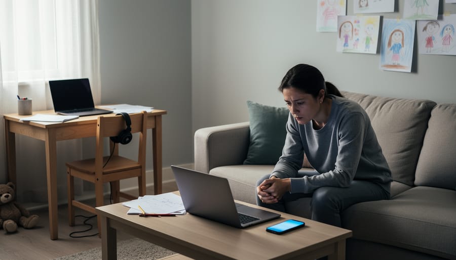 Empty child’s desk chair facing a dark screen in a quiet room to suggest loss of in-person connection
