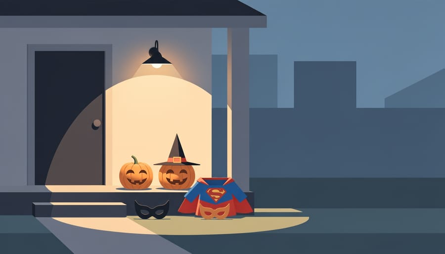 Warm porch light and Halloween costumes near a garage door suggest preparing family costumes for Halloween.