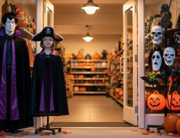 Warm porch light at a Halloween store entrance with shelves of family costume accessories, including wigs, masks, and cape-style costumes.