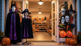 Warm porch light at a Halloween store entrance with shelves of family costume accessories, including wigs, masks, and cape-style costumes.