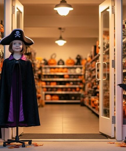 Warm porch light at a Halloween store entrance with shelves of family costume accessories, including wigs, masks, and cape-style costumes.