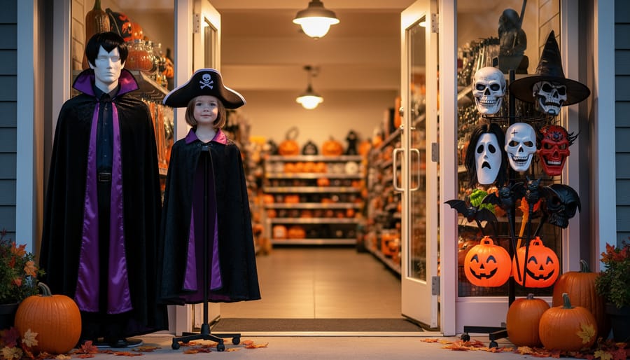 Warm porch light at a Halloween store entrance with shelves of family costume accessories, including wigs, masks, and cape-style costumes.