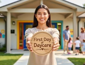 Parent holding a first day of daycare wooden keepsake sign at a daycare entrance in Canada.