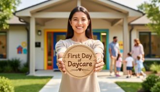 Parent holding a first day of daycare wooden keepsake sign at a daycare entrance in Canada.