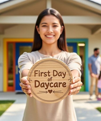 Parent holding a first day of daycare wooden keepsake sign at a daycare entrance in Canada.