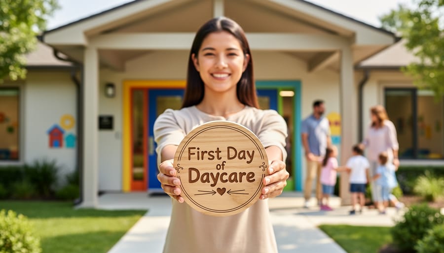 Parent holding a first day of daycare wooden keepsake sign at a daycare entrance in Canada.