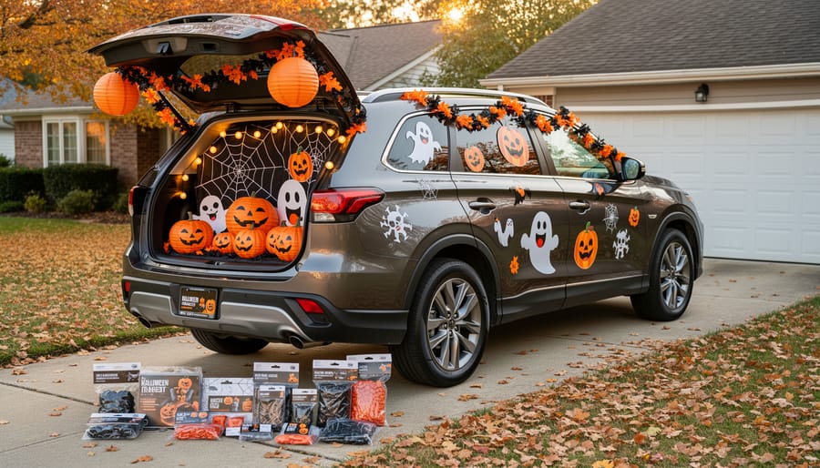 Car Halloween decoration kit items laid out on a table with a car visible outside.