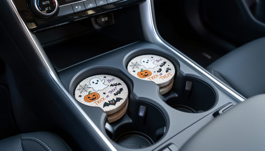Halloween-themed coasters in a car cup holder.