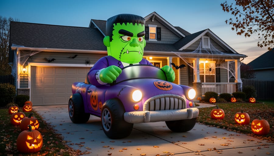 Inflatable Frankenstein driving a car decoration set up in a driveway at Halloween.