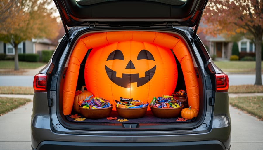Inflatable pumpkin car decoration kit displayed in a vehicle trunk for trunk-or-treat.