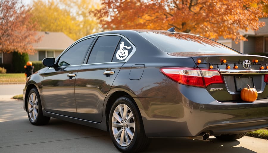 Close-up of a car window featuring a white Michael Myers vinyl decal.