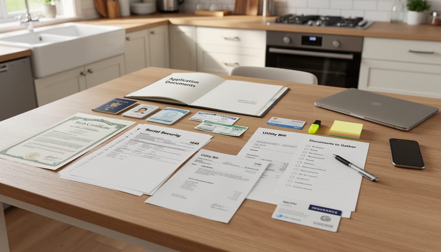Close view of hands organizing identity and income documents on a kitchen table.