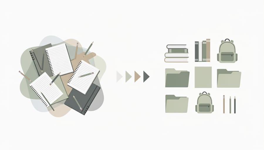 Parent organizing school supplies and a notebook near a window to create structure for virtual learning
