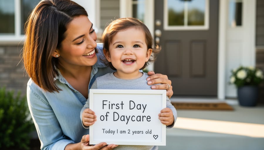 Parent holding an unbranded keepsake sign next to a child’s backpack near a daycare entrance