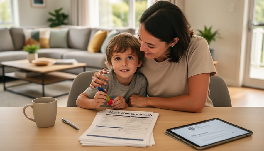 Parent holding childcare paperwork folder with a young child seated beside them at home.
