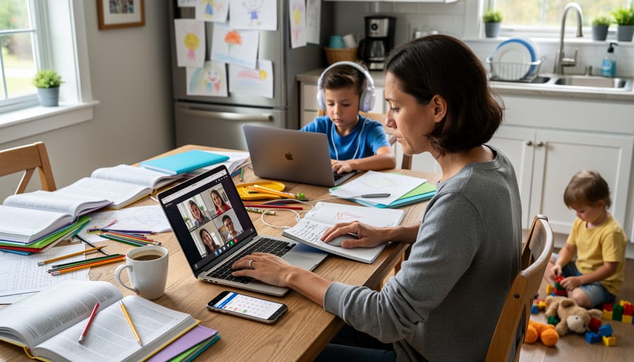 Parent working on a laptop during a virtual school session while managing school materials on a kitchen table