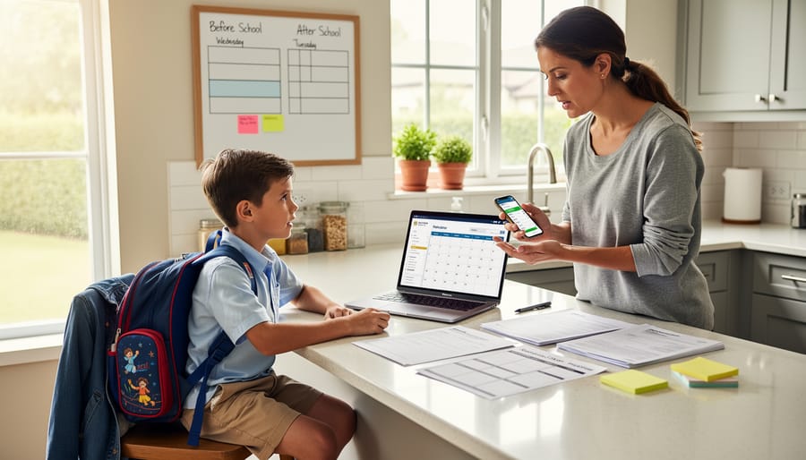 Parent holding a school schedule paper in a kitchen while a child stands with a backpack and lunchbox