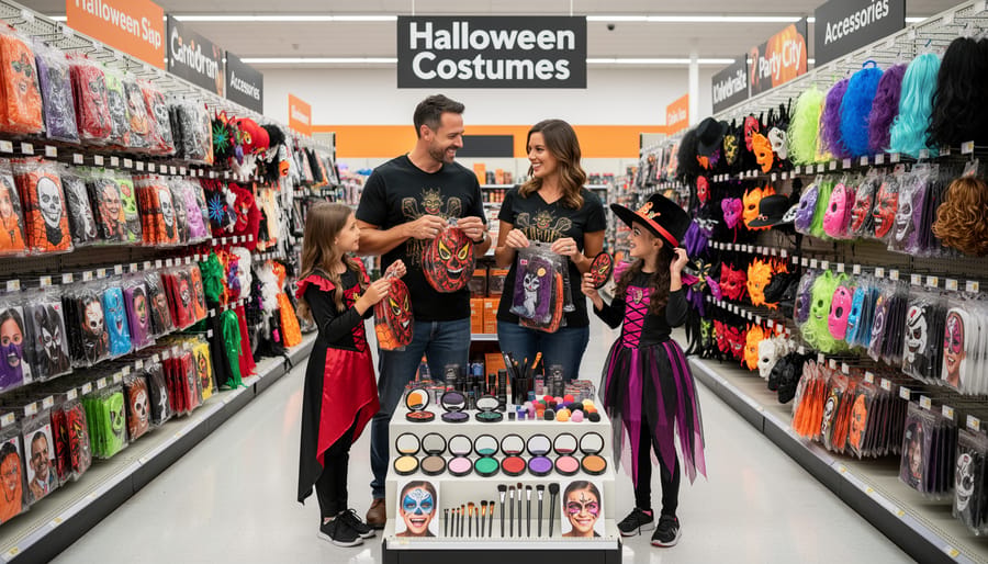 Family selecting Halloween costume accessories at a Party City-style display table with matching items visible.