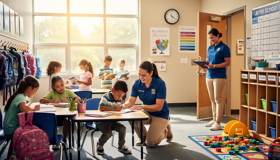 Children arriving at a school hallway entrance while an adult greets them