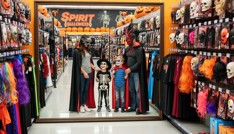 A family trying on Halloween costumes inside a Spirit Halloween store with hanging costumes in the background.