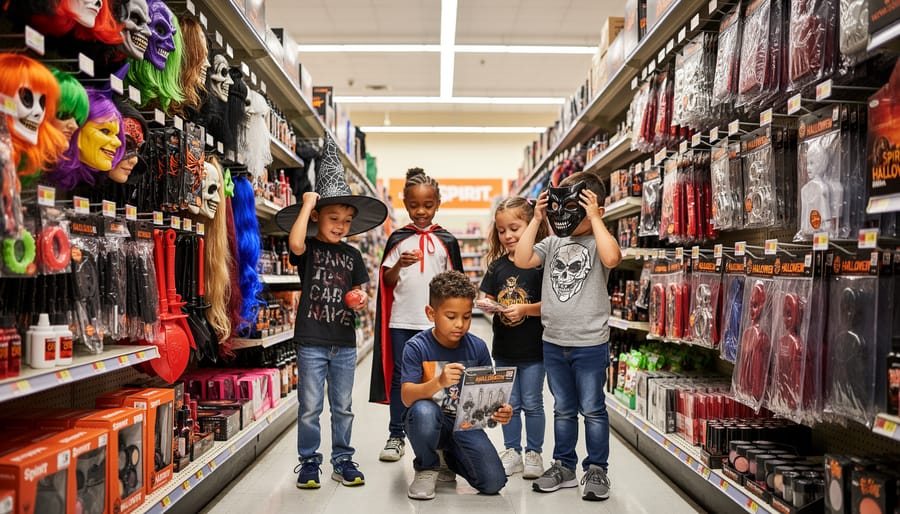 Two children browsing Halloween accessories in a Spirit Halloween store aisle with costumes and hats in the background.