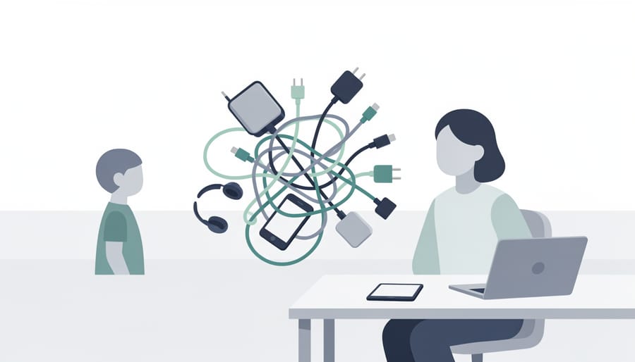 Close-up of tangled charging cables and a power strip on a desk symbolizing technology overwhelm