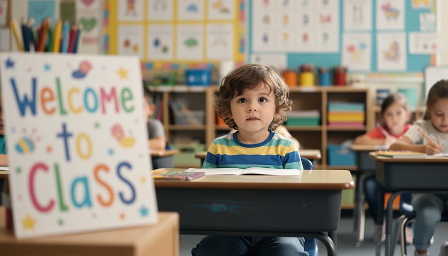 Toddler holding an unbranded sign board near a daycare cubby area