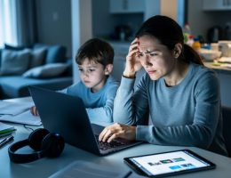 Stressed parent supporting a child’s virtual school session at a home desk with laptops and household items nearby, showing multitasking overload.