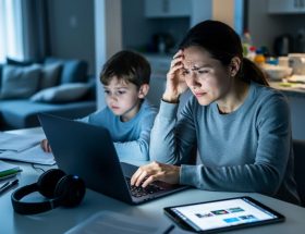 Stressed parent supporting a child’s virtual school session at a home desk with laptops and household items nearby, showing multitasking overload.
