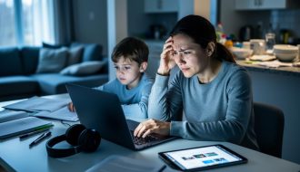 Stressed parent supporting a child’s virtual school session at a home desk with laptops and household items nearby, showing multitasking overload.
