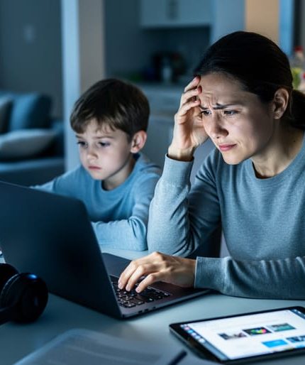 Stressed parent supporting a child’s virtual school session at a home desk with laptops and household items nearby, showing multitasking overload.