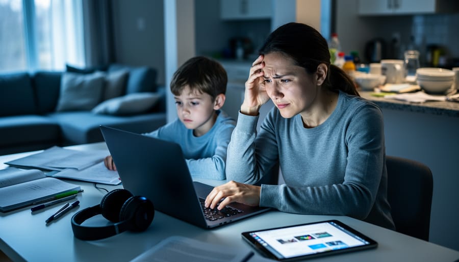 Stressed parent supporting a child’s virtual school session at a home desk with laptops and household items nearby, showing multitasking overload.