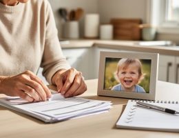 Parent’s hands organizing childcare application documents on a kitchen table next to a framed photo of their toddler.