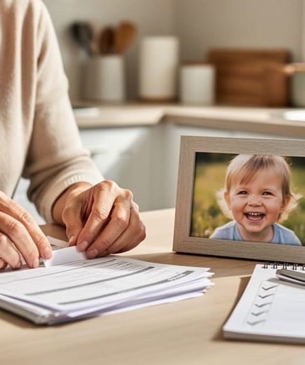 Parent’s hands organizing childcare application documents on a kitchen table next to a framed photo of their toddler.