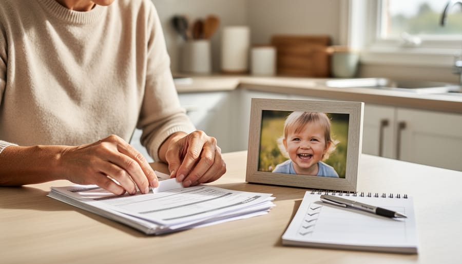 Parent’s hands organizing childcare application documents on a kitchen table next to a framed photo of their toddler.