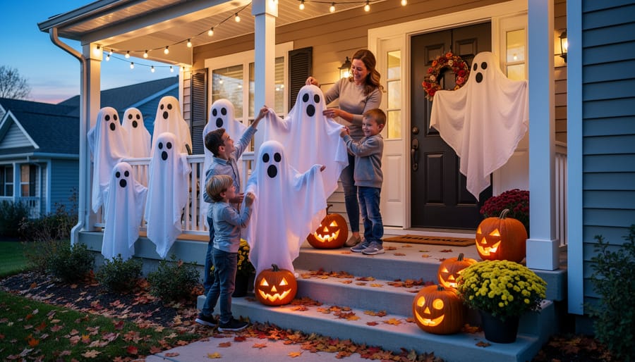 Family decorating a front porch with light-up ghost décor at dusk