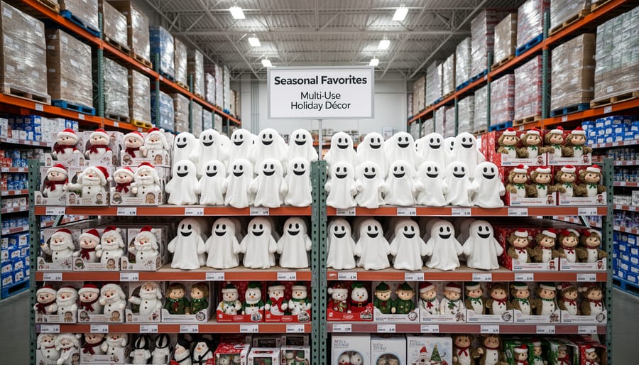 Costco-style warehouse display featuring a plush bear with ghost costume