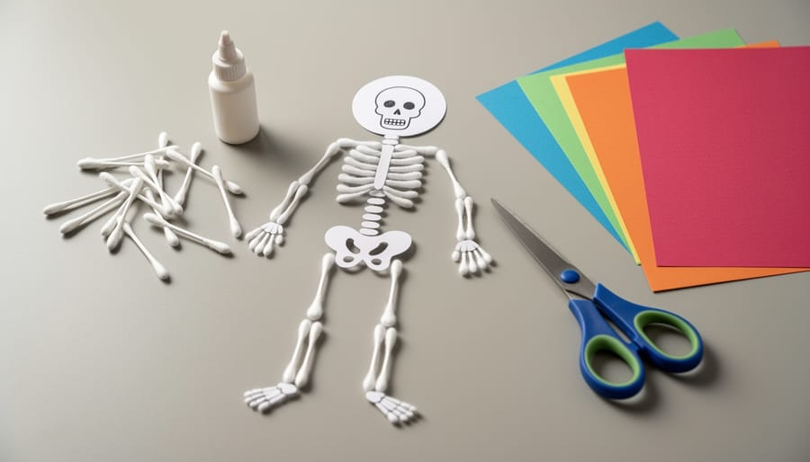Close-up of a cotton swab skeleton craft made by a child on a table with autumn-themed supplies in the background.