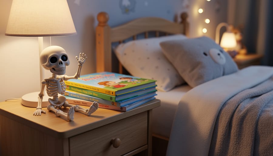 A small skeleton figurine on a bookshelf in a warmly lit bedroom with anatomy books nearby.
