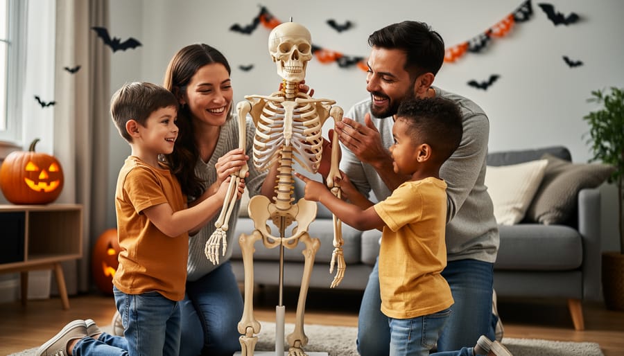 A parent and two children examine a skeleton model and anatomy book at home during Halloween season.