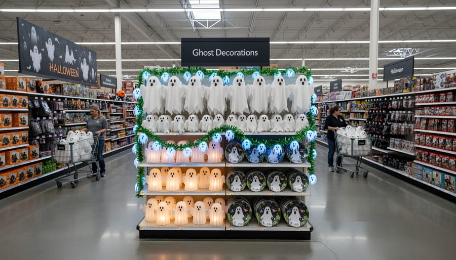 Ghost Halloween decorations displayed on shelves in a big-box store aisle