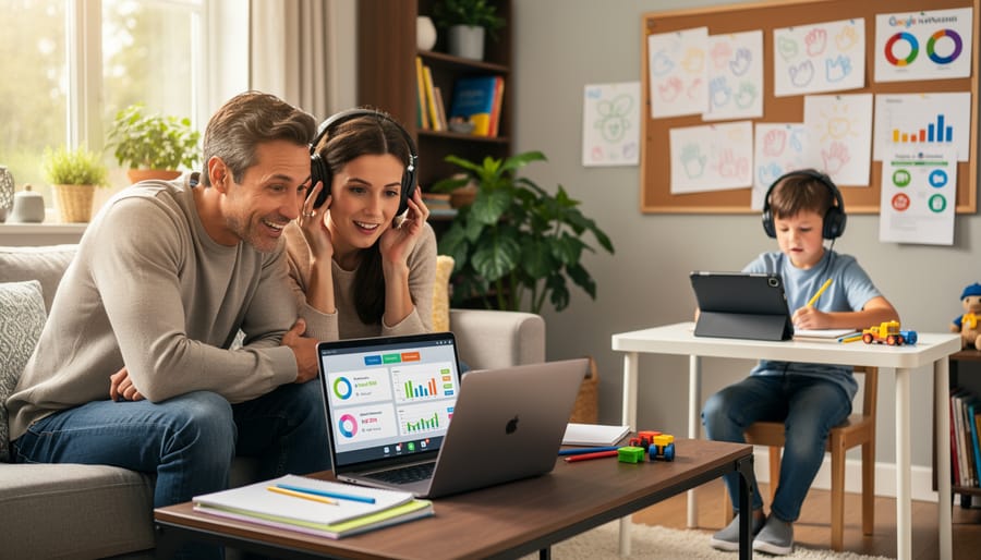 Parent and child sit at a kitchen table with schoolwork, with the child pointing at worksheets while the parent listens.