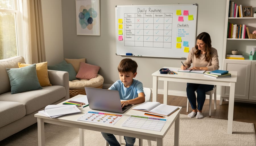 A lived-in home study area with a laptop on a desk and a child’s school items nearby.