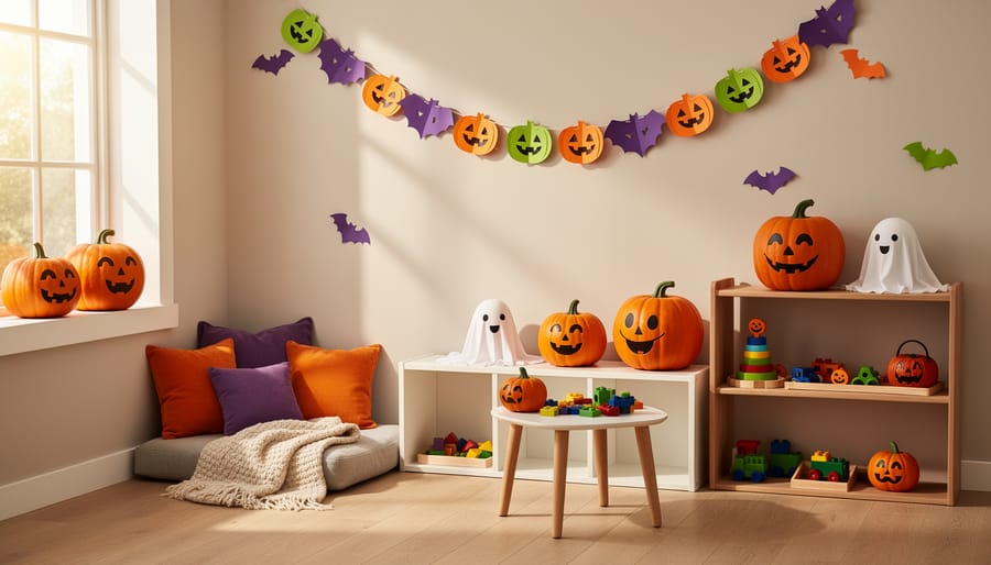 Indoor play area with soft glowing pumpkins and cheerful Halloween décor at child height.