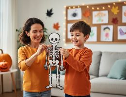 Parent and child smiling while looking at a friendly skeleton Halloween decoration in a cozy fall living room with pumpkins in the background.