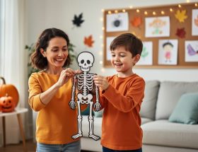 Parent and child smiling while looking at a friendly skeleton Halloween decoration in a cozy fall living room with pumpkins in the background.