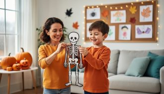 Parent and child smiling while looking at a friendly skeleton Halloween decoration in a cozy fall living room with pumpkins in the background.