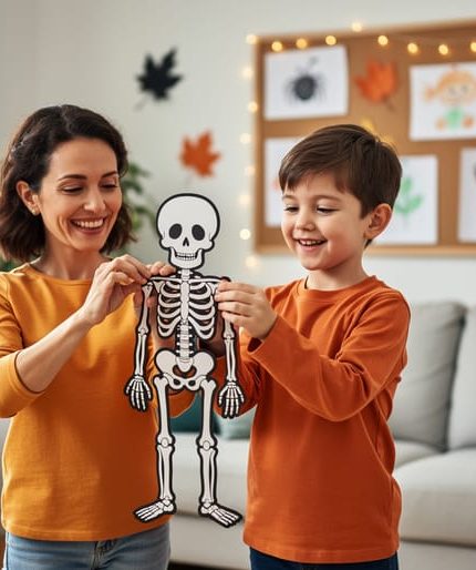 Parent and child smiling while looking at a friendly skeleton Halloween decoration in a cozy fall living room with pumpkins in the background.