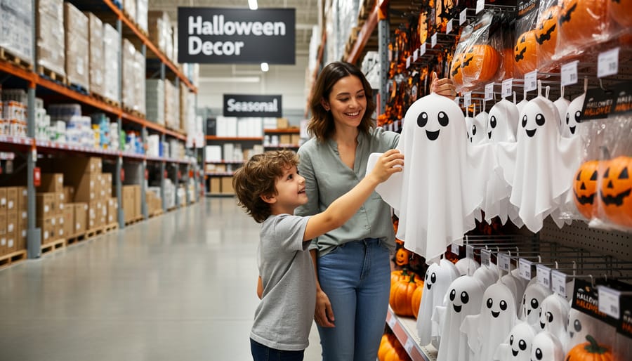 Parent and child browsing ghost decorations at a home improvement store display